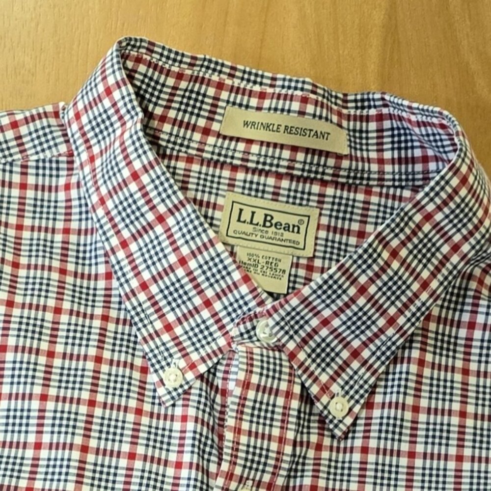 L.L. Bean Men's Button Up Shirt Wrinkle Resistant Red Whit Blue Plaid XXL Reg
